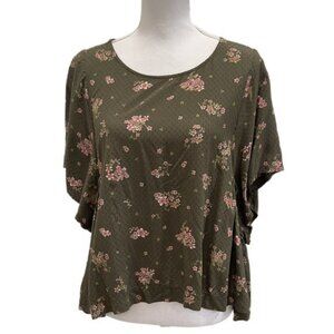 LUCKY BRAND Army Green Winged Babydoll Floral Print Top